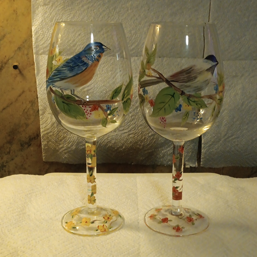 Vintage Hand-Painted Bird Wine Glasses with Blue and Brown Accents